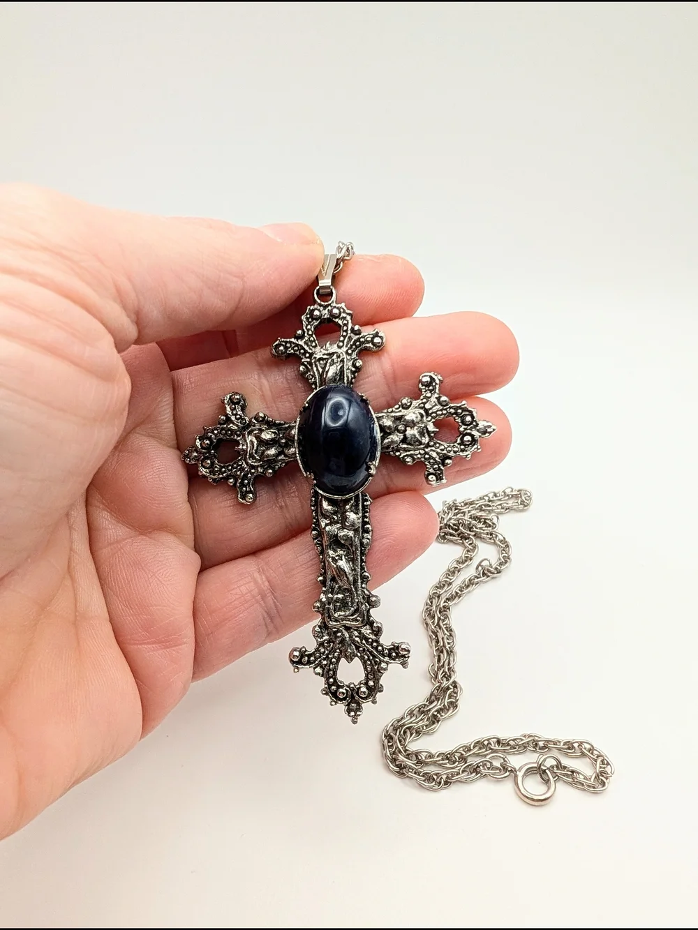Vintage Navy Stone Silver Cross Pendant Necklace